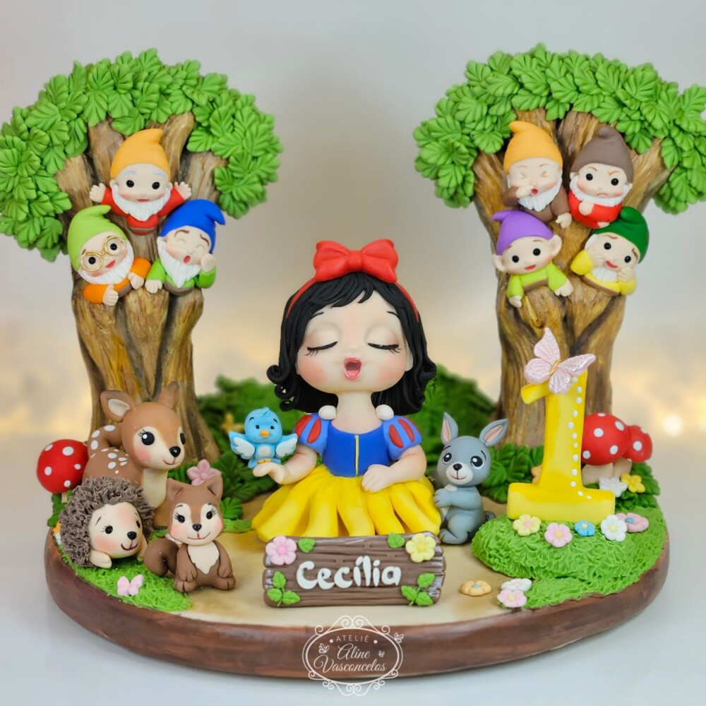 Topo de Bolo Cenário Branca de Neve e os Sete Anões personaliza