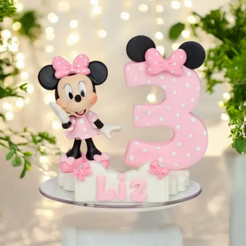 Mini Topo de Bolo Minnie Rosa em Biscuit/ Vela Minnie