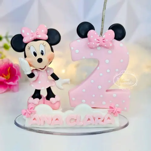Mini Topo de Bolo Minnie Rosa em Biscuit/ Vela Minnie