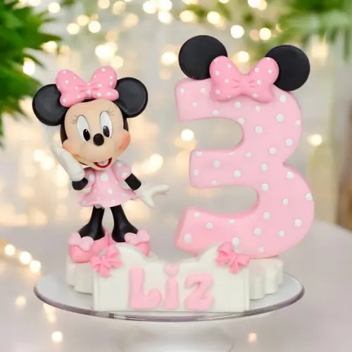 Mini Topo de Bolo Minnie Rosa em Biscuit/ Vela Minnie