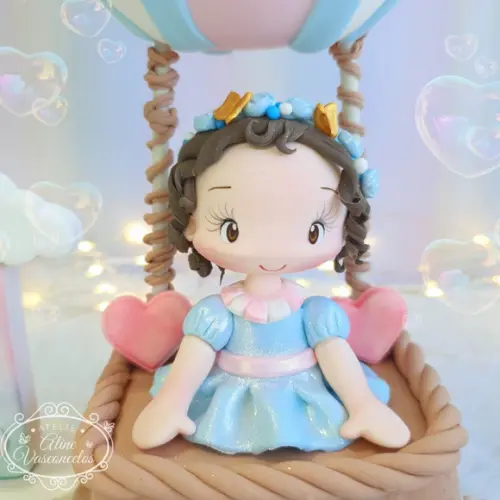 Topo de Bolo Balão Ar Quente Personalizado em Biscuit