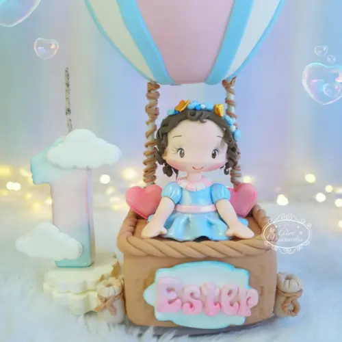 Topo de Bolo Balão Ar Quente Personalizado em Biscuit