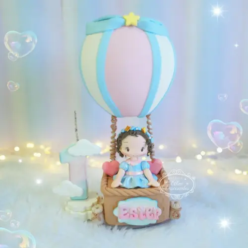 Topo de Bolo Balão Ar Quente Personalizado em Biscuit