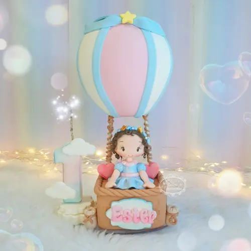 Topo de Bolo Balão Ar Quente Personalizado em Biscuit