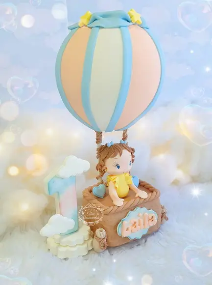 Topo de Bolo Balão Ar Quente Personalizado em Biscuit
