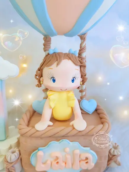 Topo de Bolo Balão Ar Quente Personalizado em Biscuit