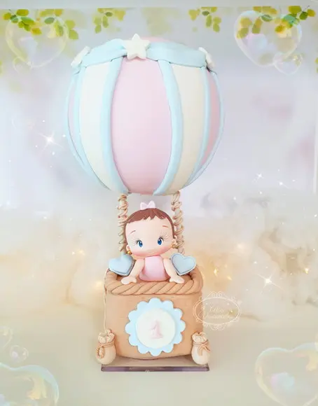 Topo de Bolo Balão Ar Quente Personalizado em Biscuit