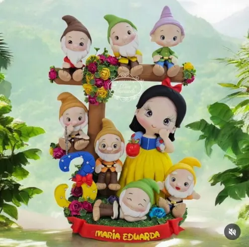 Topo de Bolo Branca de Neve e os Sete Anões em Biscuit