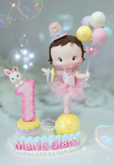 Topo de Bolo Circo Rosa (equilibrista) Personalizado Biscuit