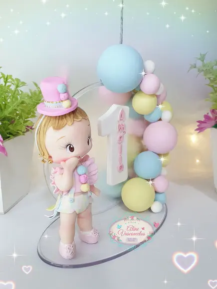 Topo de Bolo Circo Rosa Personalizado em Biscuit