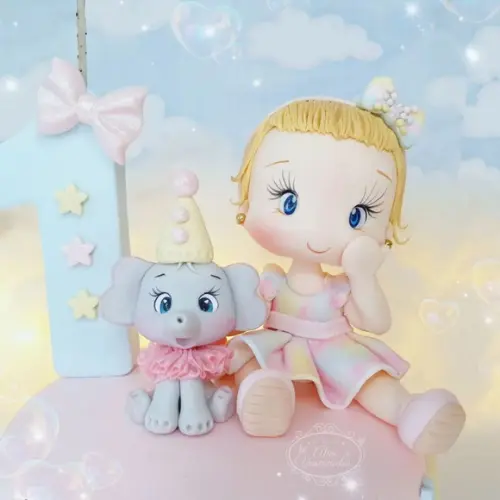Topo de Bolo Circo Rosa Personalizado em Biscuit
