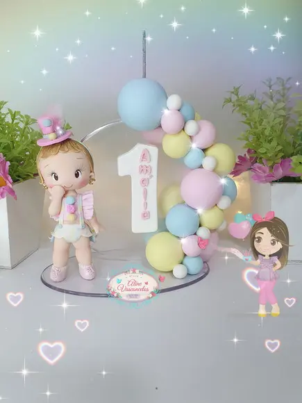 Topo de Bolo Circo Rosa Personalizado em Biscuit