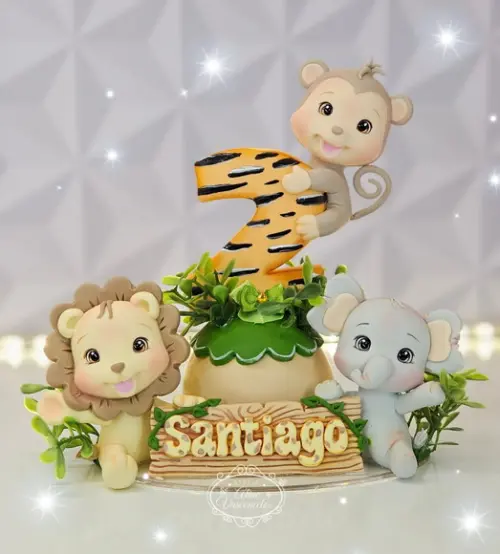 Topo de Bolo com Vela Tema Safari em Biscuit