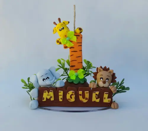 Topo de Bolo com Vela Tema Safari em Biscuit