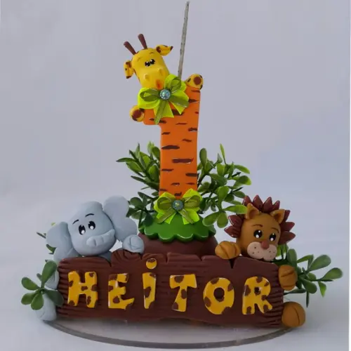 Topo de Bolo com Vela Tema Safari em Biscuit