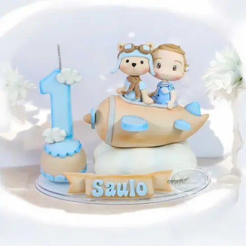 Topo de Bolo com Vela Ursinho Aviador em Biscuit