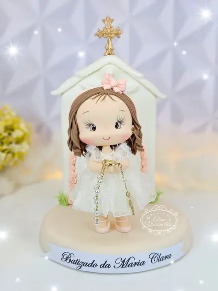 Topo de Bolo Criança Personalizada Batizado em Biscuit