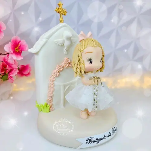 Topo de Bolo Criança Personalizada Batizado em Biscuit