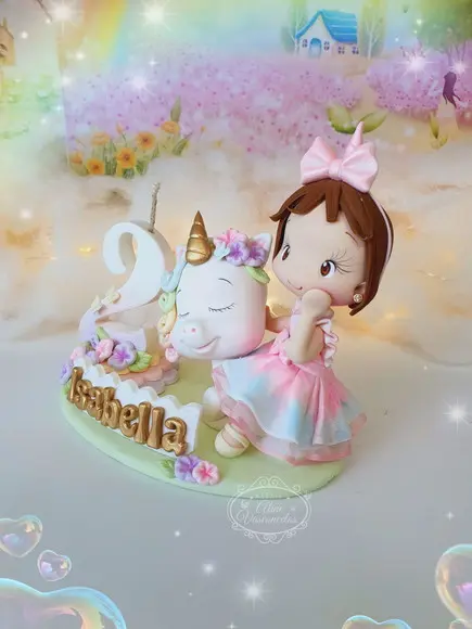 Topo de Bolo Jardim Unicórnio Personalizado em Biscuit