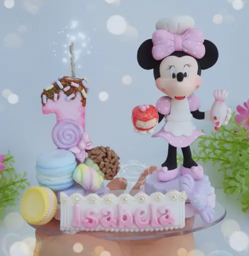 Topo de Bolo Minnie Confeiteira em Biscuit