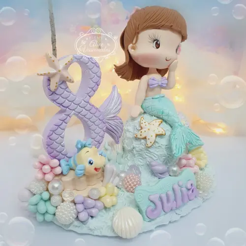 Topo de Bolo Pequena Sereia Personalizada em Biscuit