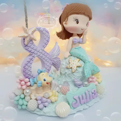 Topo de Bolo Pequena Sereia Personalizada em Biscuit
