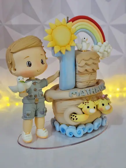 Topo de Bolo Personalizado Arca de Noé em Biscuit