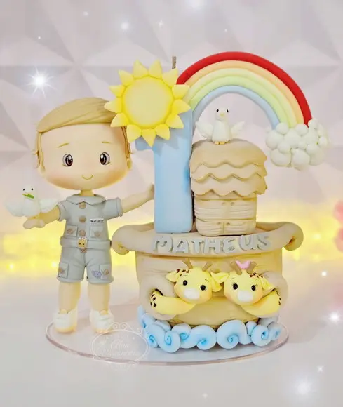 Topo de Bolo Personalizado Arca de Noé em Biscuit