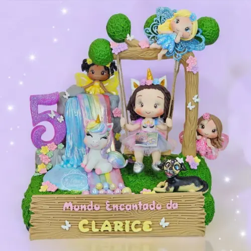 Topo de Bolo Personalizado Jardim Fadas/unicórnio Biscuit