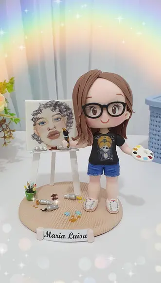 Topo de Bolo Pintora/artista Personalizada em Biscuit