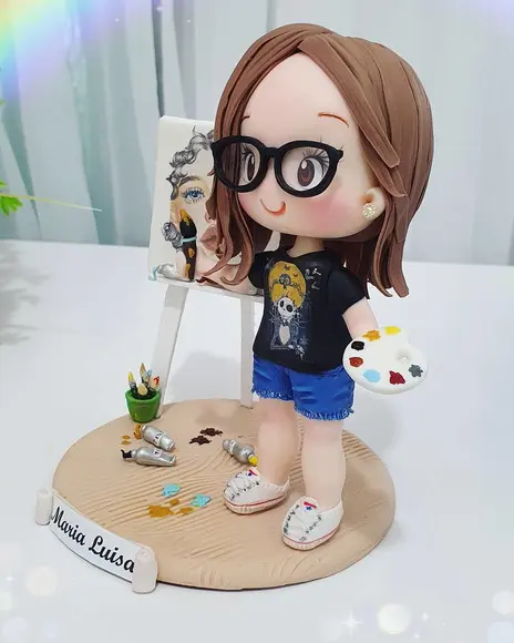 Topo de Bolo Pintora/artista Personalizada em Biscuit