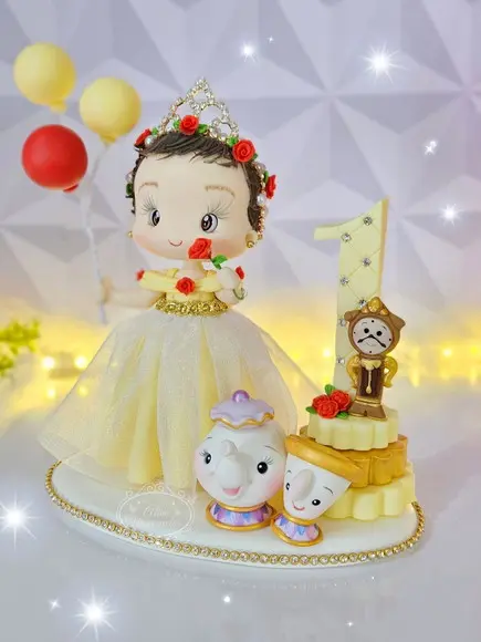 Topo de Bolo Tema Bela e a Fera, Personalizado em Biscuit