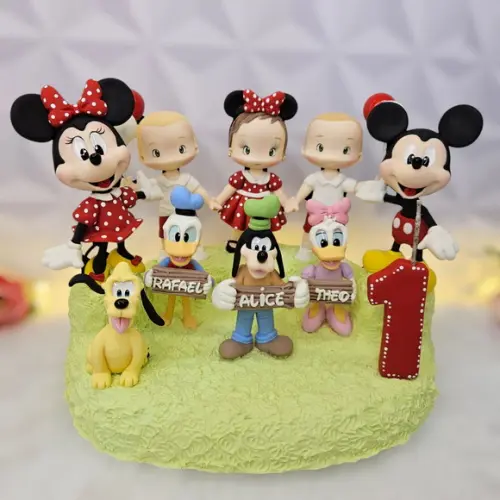 Topo de Bolo Turma do Mickey (trigêmeos/irmãos) em Biscuit