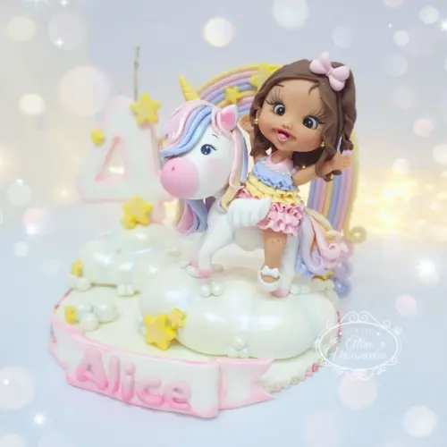 Topo de Bolo Unicórnio Personalizado em Biscuit