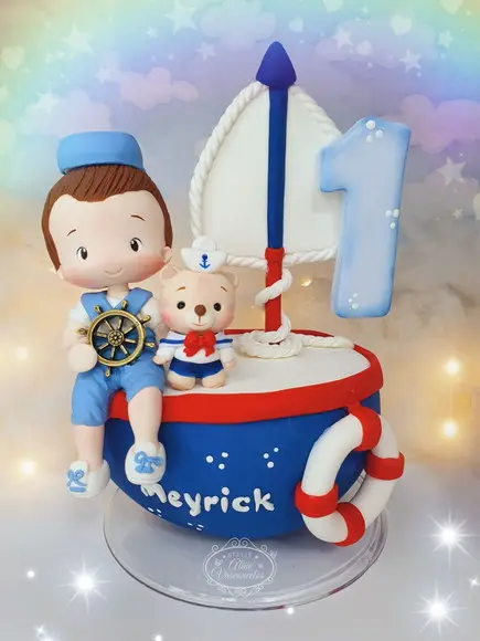Topo de Bolo Urso Marinheiro Personalizado em Biscuit