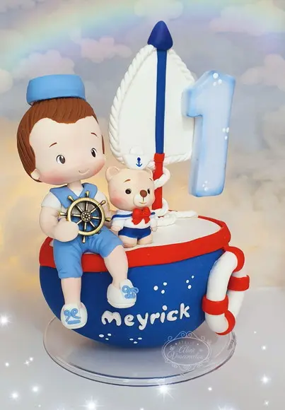 Topo de Bolo Urso Marinheiro Personalizado em Biscuit
