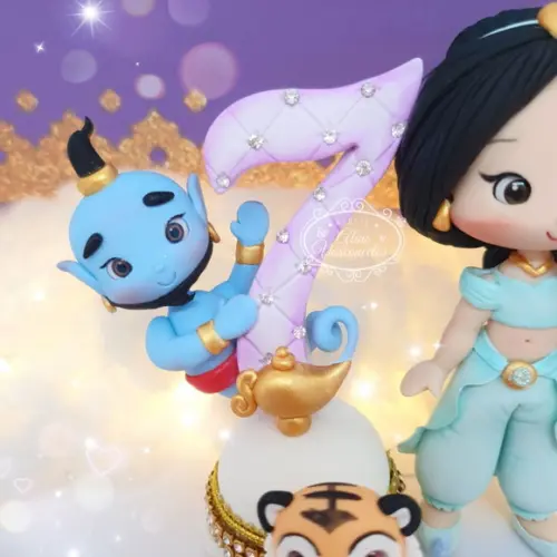Topo de Bolo Vela Aladdin Jasmine em Biscuit