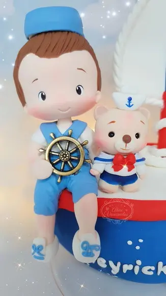 Topo de Bolo Urso Marinheiro Personalizado em Biscuit