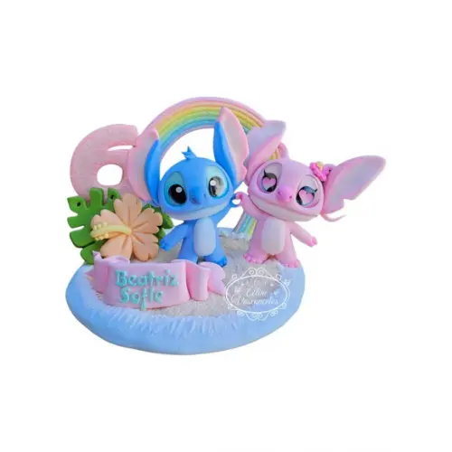 Topo de Bolo/vela Tema Stitch e Angel em Biscuit