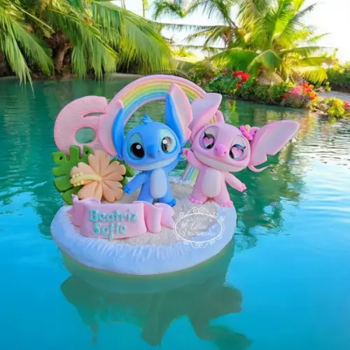 Topo de Bolo/vela Tema Stitch e Angel em Biscuit