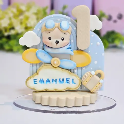 Vela de Aniversário Ursinho Aviador em Biscuit