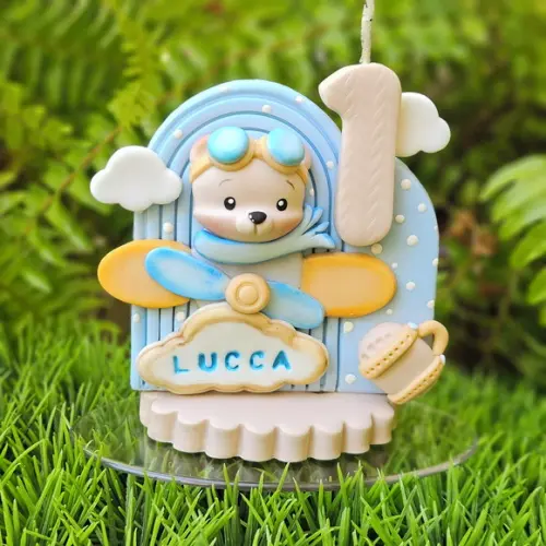 Vela de Aniversário Ursinho Aviador em Biscuit