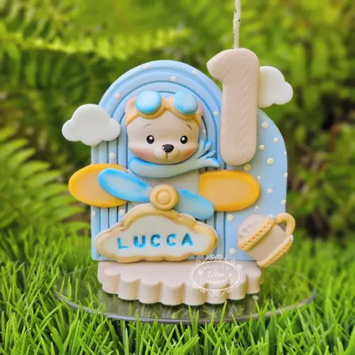 Vela de Aniversário Ursinho Aviador em Biscuit