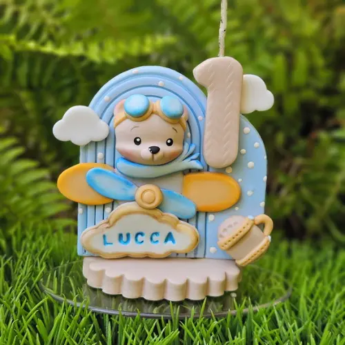 Vela de Aniversário Ursinho Aviador em Biscuit