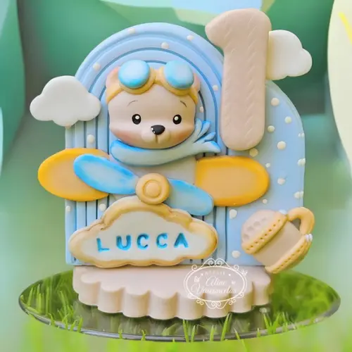 Vela de Aniversário Ursinho Aviador em Biscuit