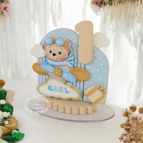 Vela de Aniversário Ursinho Aviador em Biscuit