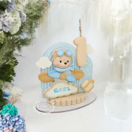Vela de Aniversário Ursinho Aviador em Biscuit