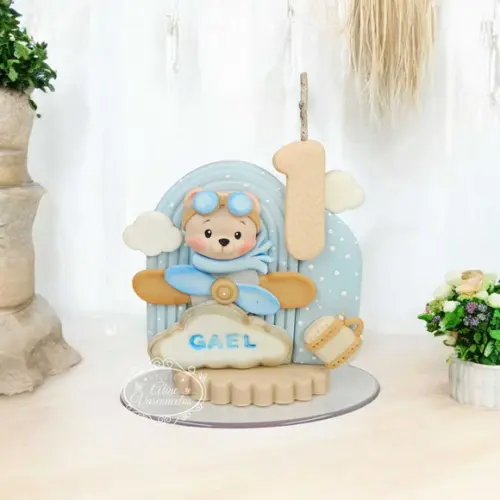Vela de Aniversário Ursinho Aviador em Biscuit
