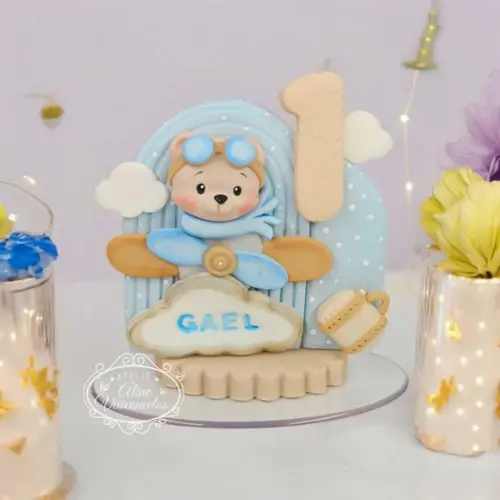 Vela de Aniversário Ursinho Aviador em Biscuit