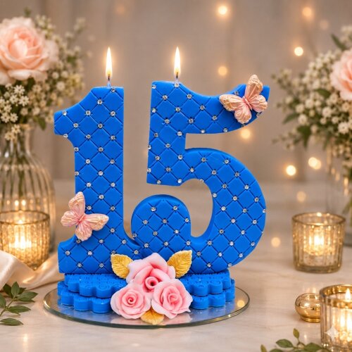 Vela de aniversário debutante 15 anos azul e rosa em biscuit